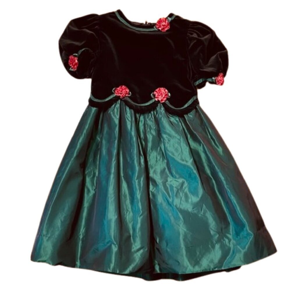 Vintage Sylvia Whyte Little Girls Holiday Velvet Moire Party Dress Rosette's 5